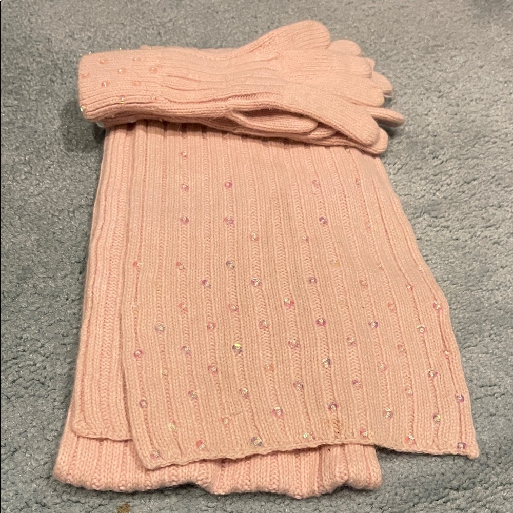 Pink Knit Scarf and Glove Set with Rhinestones